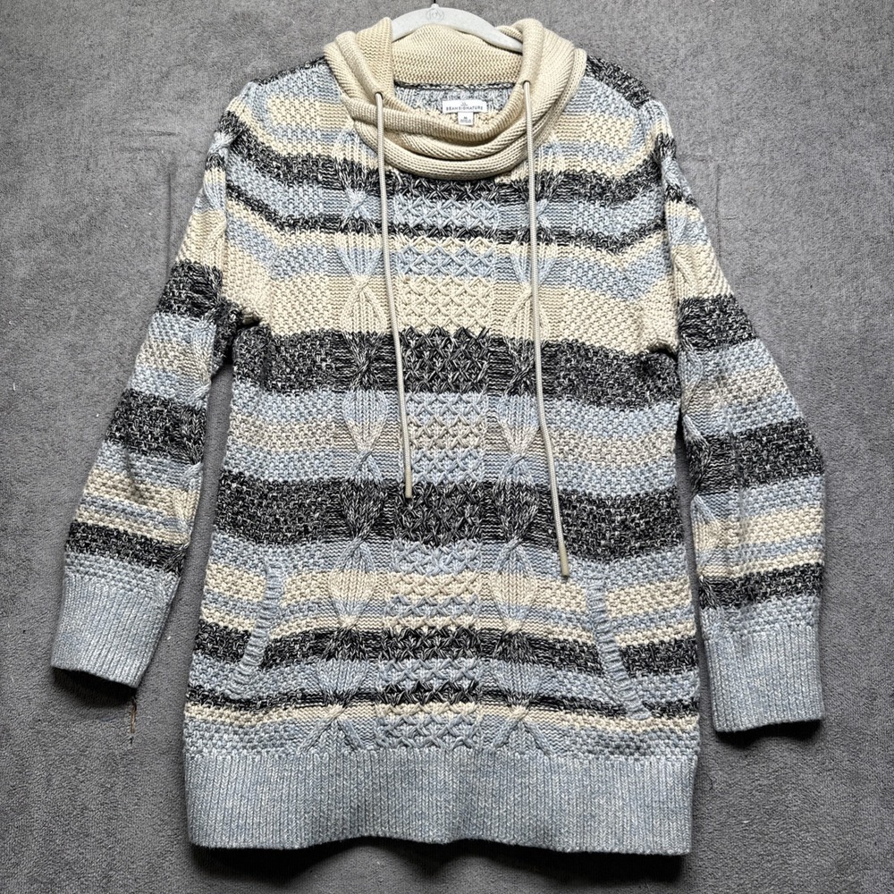 LL Bean Signature striped roll neck cable knit sweater cozy coastal grandma M